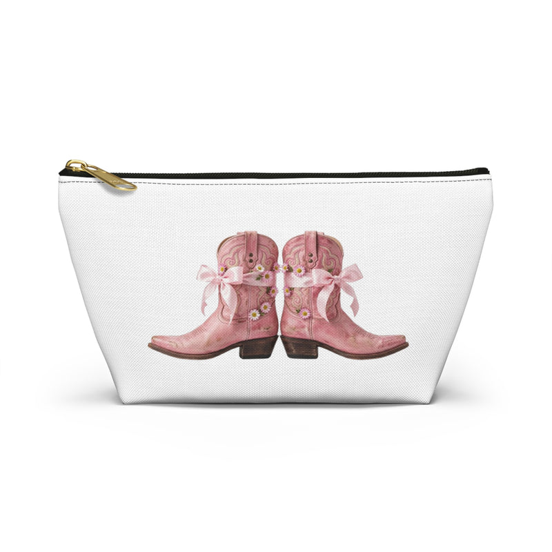 Pink Cowboy Boots Accessory Pouch — Western Makeup Bag with T-Bottom